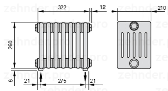 Схема (чертеж) Радиатор Zehnder Charleston 6026/7 №3570 Белый глянцевый RAL 9016